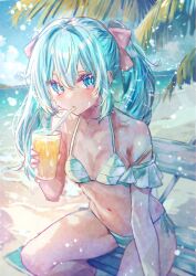 Rule 34 | 1girl, aqua bikini, aqua eyes, aqua hair, bare shoulders, beach, bench, bikini, blue sky, blurry, blurry background, blush, breasts, cloud, collarbone, commentary, cowboy shot, cup, day, detached sleeves, drink, drinking, drinking glass, drinking straw, drinking straw in mouth, frilled bikini, frills, hair between eyes, hair ornament, hair tie, hatsune miku, highres, holding, holding cup, juice, long hair, looking at viewer, natukisigure, nature, navel, ocean, on bench, orange juice, outdoors, palm leaf, palm tree, shade, side-tie bikini bottom, sidelocks, sitting, sky, small breasts, solo, sparkle, sparkle background, sunlight, swimsuit, thighs, tree, twintails, vocaloid, water
