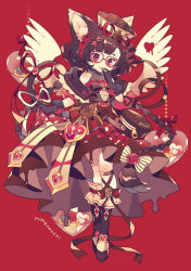 Rule 34 | 1girl, animal ears, bare shoulders, boots, bow, braid, brown hair, brown ribbon, cat ears, cat girl, cat tail, chocolate, commentary, dress, food, food-themed clothes, full body, glasses, gloves, hair bow, hair ornament, hat, heart, heart hair ornament, highres, holding, holding food, licking, long hair, looking at viewer, original, red-framed eyewear, red background, red eyes, ribbon, signature, simple background, skirt hold, solo, tail, twin braids, valentine, very long hair, wings, yumenouchi chiharu