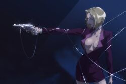 Rule 34 | 1girl, aiming, aquiline nose, breasts, chain, cleavage, commentary, contrapposto, cowboy shot, frown, gun, handgun, highres, holding, holding gun, holding weapon, hunter x hunter, jacket, large breasts, medium hair, miniskirt, pakunoda, pencil skirt, profile, purple jacket, purple skirt, revolver, serious, skirt, solo, titi king, trigger discipline, weapon