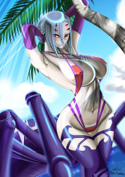 Rule 34 | 10s, 1girl, arachne, armpits, arthropod girl, asymmetrical bangs, beach, bikini, blush, breasts, carapace, cleavage, cloud, colored skin, covered erect nipples, criss-cross halter, curvy, dated, detached sleeves, elbow gloves, extra eyes, eyes visible through hair, gloves, grey skin, halterneck, hands in hair, happy birthday, highres, imaani, insect girl, large breasts, monster girl, monster musume no iru nichijou, multiple legs, navel, outdoors, palm tree, pink gloves, rachnera arachnera, red eyes, short hair, silver hair, sky, slingshot swimsuit, smile, solo, spider girl, strap gap, summer, swimsuit, taur, thigh gap, tree, wide hips