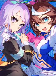 Rule 34 | 2girls, :d, animal ears, armband, ascot, black jacket, blue bow, blue bowtie, blue eyes, bow, bowtie, brown hair, closed mouth, commentary request, hair between eyes, highres, horse ears, index finger raised, jacket, looking at viewer, mejiro mcqueen (umamusume), mika pikazo, miniskirt, multicolored hair, multiple girls, open mouth, pink ascot, pleated skirt, purple eyes, purple hair, skirt, smile, streaked hair, tokai teio (umamusume), umamusume, white skirt