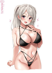 Rule 34 | 1girl, alternate costume, bare shoulders, bikini, black bikini, blush, breasts, collarbone, conte di cavour (kancolle), criss-cross halter, cropped legs, ebifurya, grey hair, groin, hair between eyes, halterneck, hand on own chest, hand up, highleg, highleg bikini, highres, kantai collection, large breasts, long hair, looking at viewer, multi-strapped bikini, navel, o-ring, o-ring bikini, one-hour drawing challenge, open mouth, parted bangs, purple eyes, simple background, skindentation, smile, solo, sparkle, stomach, swimsuit, thighs, twitter username, two side up, white background