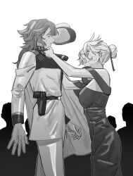 Rule 34 | 2girls, 6+others, bare arms, bruise, bruise on face, clothes grab, commentary request, crowd, dress, greyscale, gun, gundam, gundam suisei no majo, hair bun, handgun, highres, holster, injury, jacket, jacket grab, korean commentary, long hair, long sleeves, looking at another, miorine rembran, monochrome, multiple girls, multiple others, off-shoulder dress, off shoulder, open mouth, shouting, simple background, snapagi, suletta mercury, sweatdrop, thick eyebrows, weapon, white background