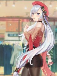 Rule 34 | 1girl, aran sweater, azur lane, bag, bare shoulders, belfast (azur lane), belfast (shopping with the head maid) (azur lane), beret, black pantyhose, black ribbon, black skirt, blue eyes, blurry, blurry background, blush, brown sweater, cable knit, clothes rack, commentary request, eating, food, hair between eyes, hair ribbon, handbag, hat, long hair, low-tied long hair, nail polish, off-shoulder sweater, off shoulder, pantyhose, pencil skirt, pocky, qingjiao rou si, red hat, red shawl, ribbon, shawl, silver hair, skirt, solo, sweater, very long hair
