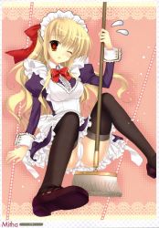 Rule 34 | 1girl, ;o, absurdres, black thighhighs, blonde hair, d:, half updo, highres, maid, maid headdress, mitha, mop, one eye closed, open mouth, panties, red eyes, solo, sweatdrop, thighhighs, underwear, white panties
