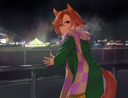 1girl alternate_costume animal_ears checkered_clothes checkered_scarf ear_ornament green_jacket hair_between_eyes highres horse_ears horse_girl horse_tail jacket looking_at_viewer looking_back nanaheibei_3 orange_hair purple_eyes scarf short_hair smile solo t.m._opera_o_(umamusume) tail umamusume