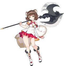 Rule 34 | 1girl, animal ear fluff, animal ears, ark order, asymmetrical sleeves, axe, bare shoulders, boots, breasts, brown hair, chinese clothes, cleavage, cleavage cutout, clothing cutout, detached sleeves, full body, fur-trimmed boots, fur trim, green eyes, hinezumi (ark order), holding, holding axe, long sleeves, looking at viewer, mismatched sleeves, mouse ears, official art, red skirt, reisun001, shirt, short hair, short sleeves, skirt, smile, solo, tachi-e, transparent background, white footwear, white shirt