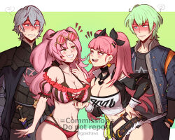 2boys 2girls :d asymmetrical_docking black_ribbon black_shirt black_shorts blue_eyes blue_jacket blush breast_press breasts byleth_(fire_emblem) byleth_(male)_(fire_emblem) byleth_(male)_(fire_emblem)_(cosplay) cleavage commission cosplay costume_switch cutoffs fire_emblem fire_emblem:_three_houses fire_emblem_heroes green_eyes green_hair grey_hair grin gzei hair_ribbon hand_up highres hilda_valentine_goneril hilda_valentine_goneril_(cosplay) jacket large_breasts long_hair long_sleeves looking_at_another midriff multiple_boys multiple_girls navel nicole_demara nicole_demara_(cosplay) nintendo open_mouth pink_hair ribbon shirt short_hair short_shorts shorts smile stomach strapless tube_top two_side_up very_long_hair vgen_commission wise_(zenless_zone_zero) wise_(zenless_zone_zero)_(cosplay) zenless_zone_zero