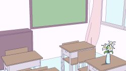 Rule 34 | chair, chibikki, classroom, commentary, curtains, desk, english commentary, flower, highres, implied suicide, indoors, lily (flower), memorial on desk, no humans, oekaki, original, school chair, school desk, vase, window