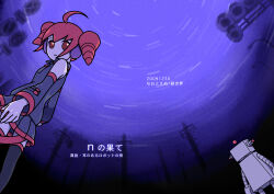 Rule 34 | 1girl, ahoge, bare shoulders, black skirt, black sleeves, black thighhighs, commentary request, cover, cover page, dated, detached sleeves, drill hair, feet out of frame, headphones, kasane teto, lamppost, looking at viewer, looking back, miniskirt, naoto n, night, outdoors, pleated skirt, purple sky, red eyes, red hair, road sign, robot, shirt, sign, skirt, sky, sleeveless, sleeveless shirt, solo, standing, star trail, thighhighs, title, traffic light, twin drills, utau, utility pole
