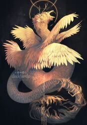 Rule 34 | angel wings, animal focus, antlers, artist name, black background, blue eyes, clockbirds, commentary, dragon, dragon tail, eastern dragon, english commentary, feathered wings, full body, grey scales, highres, horns, mane, multiple wings, no humans, open mouth, original, photoshop (medium), simple background, solo, tail, watermark, white wings, wings
