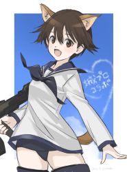 Rule 34 | 1girl, animal ears, blue one-piece swimsuit, blue sailor collar, brown eyes, brown hair, contrail, cowboy shot, dog ears, dog girl, dog tail, gun, hair flaps, highres, looking at viewer, miyafuji yoshika, one-piece swimsuit, routemoi, sailor collar, sailor shirt, school swimsuit, shirt, short hair, solo, strike witches, striker unit, swimsuit, swimsuit under clothes, tail, weapon, world witches series