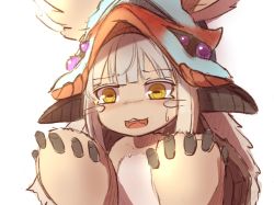 Rule 34 | 1girl, 3:, animal ears, commentary request, ears through headwear, furry, furry female, grey hair, hat, highres, horizontal pupils, horns, made in abyss, nanachi (made in abyss), ria (efikrisia), simple background, solo, sweatdrop, topless, upper body, white background, yellow eyes