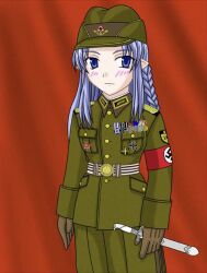 Rule 34 | 1girl, armband, blue eyes, blue hair, fate/stay night, fate (series), german clothes, germany, holding, holding knife, knife, medal, medea (fate), military uniform, non-web source, nymph, pointy ears, red armband, uniform, world war ii