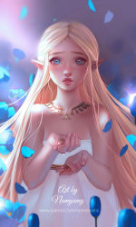 Rule 34 | 1girl, bare shoulders, blonde hair, blue eyes, cupping hands, dress, forehead, freckles, highres, jewelry, lips, long hair, looking at viewer, necklace, nintendo, nose, numyumy, own hands together, parted bangs, petals, pointy ears, princess zelda, sidelocks, solo, strapless, strapless dress, the legend of zelda, the legend of zelda: breath of the wild, thick eyebrows, very long hair, water, white dress