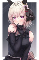 Rule 34 | 1girl, animal ears, bare shoulders, black dress, black gloves, blush, commentary request, curren chan (sakutsuki ma cherie) (umamusume), curren chan (umamusume), dress, ear covers, elbow gloves, gloves, grey background, grey hair, hair ornament, highres, horse ears, horse girl, lace, primamiya, purple eyes, smile, solo, the promised time: silks &amp; three riddles (umamusume), two-tone background, umamusume, upper body, white background