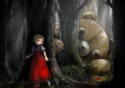 Rule 34 | 1girl, blonde hair, child, dress, forest, grey shirt, highres, horror (theme), komota (kanyou shoujo), nature, open mouth, original, outdoors, pinafore dress, puffy short sleeves, puffy sleeves, purple eyes, red dress, red footwear, scared, shirt, shoe loss, shoes, short hair, short sleeves, single shoe, sleeveless, sleeveless dress, stuffed animal, stuffed toy, teddy bear, unworn shoe, unworn shoes