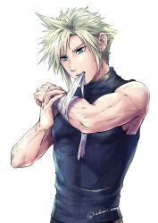 Rule 34 | 1boy, absurdres, bandaged arm, bandages, bare shoulders, blonde hair, blue eyes, blue shirt, cloud print, earrings, final fantasy, final fantasy vii, final fantasy vii remake, highres, holding own arm, jewelry, male focus, mouth hold, ribbon, ribbon in mouth, shirt, short hair, single earring, sleeveless, sleeveless turtleneck, solo, spiked hair, toned, toned male, turtleneck, twitter username, warori anne, white background