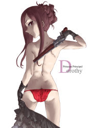 Rule 34 | 10s, 1girl, ass, blush, brown eyes, brown hair, butt crack, dimples of venus, dorothy (princess principal), gun, marutaya, panties, princess principal, red panties, simple background, solo, underwear, white background