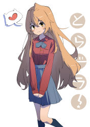 Rule 34 | 1girl, absurdres, aisaka taiga, black socks, blue skirt, blush, bow, bowtie, breast pocket, brown eyes, brown hair, closed mouth, collared shirt, commentary, copyright name, hair between eyes, heart, high-waist skirt, highres, kneehighs, long hair, long sleeves, looking at viewer, pocket, red shirt, shirt, shirt tucked in, simple background, skirt, sleeves past wrists, smile, socks, solo, spoken heart, toradora!, v arms, vamp 214, very long hair, white background