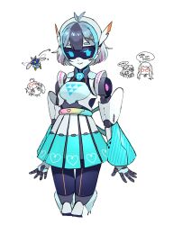 Rule 34 | 1boy, 3girls, akai meganee, android, antenna hair, arms at sides, arrow (symbol), bird, blue eyes, blue hair, blue skirt, bolt (pretty series), closed mouth, commentary, creature and personification, cropped legs, dolldolldd, doodle inset, grey hair, hair ornament, heart, heart print, highres, joints, looking at viewer, multicolored hair, multiple girls, omega auru, owl, personification, pleated skirt, pretty series, robot, robot joints, short hair, simple background, skirt, smile, solo focus, speech bubble, standing, streaked hair, symbol-only commentary, tatejima (pretty series), waccha primagi!, white background, x hair ornament