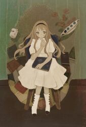 Rule 34 | 1girl, :&lt;, absurdres, black hairband, blonde hair, blush, book, book on lap, boots, chair, chisato charme, closed mouth, commentary request, cup, doughnut, dress, floating, floating hair, floating object, food, full body, grey eyes, hairband, hand on lap, hand on own chest, high collar, highres, holding, holding book, knee boots, long hair, looking at viewer, mug, on chair, original, outside border, oval background, plate, short sleeves, sitting, solo, wallpaper (object), white dress, white footwear