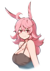 Rule 34 | 1girl, ahoge, animal ears, black tank top, blush, breasts, cleavage, closed mouth, fate/grand order, fate (series), highres, hildr (fate), hirunagi, large breasts, long hair, looking at viewer, messy hair, pink eyes, pink hair, simple background, smile, solo, tank top, upper body, valkyrie (fate), white background