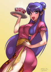 Rule 34 | 1girl, ass, bell, blush, bowl, breasts, bright pupils, china dress, chinese clothes, double bun, dress, gradient background, hair bell, hair bun, hair ornament, hand on own hip, highres, large breasts, long hair, looking at viewer, looking back, open mouth, puffy short sleeves, puffy sleeves, purple hair, ranma 1/2, sgk, shampoo (ranma 1/2), short sleeves, side slit, sidelocks, smile, solo, steam, tray, twisted torso, white pupils