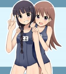 Rule 34 | 10s, 2girls, :d, braid, breasts, brown eyes, brown hair, grin, kantai collection, kitakami (kancolle), long hair, medium breasts, mizuno 12, multiple girls, name tag, old school swimsuit, one-piece swimsuit, ooi (kancolle), open mouth, purple eyes, school swimsuit, smile, swimsuit, v