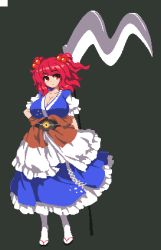 Rule 34 | 1girl, arms behind back, breasts, cleavage, cross-laced clothes, full body, grey background, hair bobbles, hair ornament, huge breasts, japanese clothes, looking at viewer, lowres, namako daibakuhatsu, onozuka komachi, pixel art, red eyes, red hair, scythe, simple background, solo, standing, touhou, two side up, wavy hair, white legwear