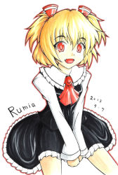 Rule 34 | 1girl, alternate hairstyle, character name, corrupted metadata, fang, female focus, highres, marya, rumia, short twintails, simple background, skirt, solo, touhou, twintails, white background