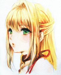 Rule 34 | 1girl, blonde hair, choker, fiora (xenoblade), green eyes, long hair, looking at viewer, simple background, solo, white background, xenoblade chronicles (series), xenoblade chronicles 1, yamamori kinako