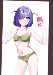 Rule 34 | 1girl, absurdres, belly, blush, blush stickers, bow, bow panties, bra, breasts, cellphone, commission, eien project, green bra, green eyes, green panties, hair ornament, hairclip, highres, knee up, knees up, looking at object, looking at phone, looking to the side, mirror, navel, nose, one eye covered, panties, phone, purple hair, ribbon, selfie, short hair, simple background, small breasts, smartphone, smile, solo, thighs, underwear, underwear only, virtual youtuber, wall, white background, zumi dokumi