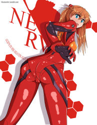 Rule 34 | 1girl, ass, blue eyes, blush, bodysuit, breasts, cameltoe, cleft of venus, from behind, gloves, hair ornament, highres, hirume, huge ass, long hair, looking at viewer, looking down, neon genesis evangelion, open mouth, orange hair, pantylines, plugsuit, red bodysuit, shiny clothes, sideboob, solo, souryuu asuka langley, twintails