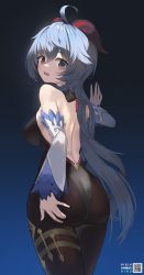 Rule 34 | 1girl, absurdres, ahoge, ass, backless leotard, bare shoulders, binu, blue hair, blush, bodysuit, breasts, brown eyes, deep skin, detached sleeves, embarrassed, from behind, ganyu (genshin impact), genshin impact, hand on own ass, highres, horns, huge ass, large breasts, leotard, long hair, looking at viewer, open mouth, pantyhose, shiny clothes, shiny skin, sideboob, sky, solo, star (sky), starry sky, very long hair