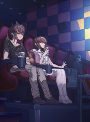 Rule 34 | 1girl, 2boys, 3d glasses, absurdres, black shirt, ceiling, checkered wall, chinese commentary, collarbone, commentary request, drinking, drinking straw, highres, holding, indoors, movie theater, multiple boys, original, shirt, sitting, thighhighs, white thighhighs, yewang19