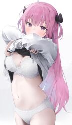 Rule 34 | 1girl, absurdres, ahoge, black bow, black shirt, blush, bow, bra, breasts, cleavage, dyed ahoge, gradient hair, hair bow, highres, hololive, lace, lace-trimmed bra, lace-trimmed panties, lace trim, large breasts, lingerie, long hair, long sleeves, looking at viewer, minato aqua, multicolored hair, navel, nel dcm, panties, pink eyes, pink hair, purple hair, shirt, simple background, sleeves past wrists, solo, stomach, streaked hair, thighs, two-tone hair, two side up, underwear, undressing, virtual youtuber, white background, white bra, white panties, white shirt