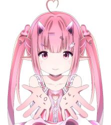 Rule 34 | 1girl, ahoge, bare shoulders, body writing, choker, closed mouth, collarbone, demon girl, dress, elf, female focus, flat chest, hair ornament, hairclip, heart, horns, indie virtual youtuber, jpeg artifacts, light smile, long hair, looking at viewer, mochi (vtuber), official art, pink dress, pink eyes, pink hair, pointy ears, second-party source, sidelocks, simple background, sleeveless, sleeveless dress, solo, twintails, upper body, very long hair, virtual youtuber, white background, writing on hand
