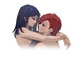 Rule 34 | 2girls, arms around neck, bare arms, blue eyes, blue hair, caitlyn (league of legends), chinese commentary, commentary request, ear piercing, eye contact, grey eyes, highres, league of legends, long hair, looking at another, miix777, multiple girls, neck tattoo, nose piercing, nude, parted lips, piercing, red hair, short hair, simple background, smile, tattoo, undercut, upper body, vi (league of legends), white background, yuri