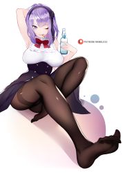 Rule 34 | 10s, 1girl, arm behind head, armpits, bare shoulders, black flower, black rose, blue eyes, bottle, breasts, brown pantyhose, commentary, dagashi kashi, feet, flower, food, full body, hair flower, hair ornament, hairband, has bad revision, has lossy revision, high-waist skirt, large breasts, medium hair, mouth hold, nail polish, nanoless, no shoes, one eye closed, pantyhose, patreon username, pocky, purple hair, rose, shidare hotaru, simple background, skirt, sleeveless, smile, soles, solo, thighband pantyhose, toes, white background
