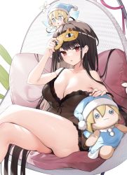 Rule 34 | 1girl, ahoge, ass, banned artist, bare arms, bare shoulders, black hair, breasts, chemise, cleavage, collarbone, crossed legs, fairy, hand up, itsuwari alice, large breasts, long hair, looking at viewer, muryotaro, navel, no bra, parted lips, red eyes, see-through, sitting, sleep mask, solo, strap slip, thighs, very long hair
