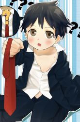 Rule 34 | 1boy, ?, bad id, bad pixiv id, black hair, blush, brown eyes, formal, male focus, necktie, open mouth, original, oversized clothes, solo, suit, yuki (vicious)