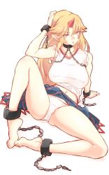 Rule 34 | 1girl, arm support, ass, bare legs, barefoot, blonde hair, breasts, chain, choker, commentary request, covered erect nipples, cuffs, groin, highres, horns, hoshiguma yuugi, large breasts, long hair, looking at viewer, navel, non (z-art), one-hour drawing challenge, panties, parted lips, shackles, shirt, simple background, single horn, sitting, skirt, skirt set, sleeveless, sleeveless shirt, solo, spread legs, touhou, underwear, v-neck, white background, white panties, yellow eyes