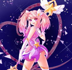 Rule 34 | 1girl, alternate costume, alternate hair color, alternate hairstyle, ass, breasts, elbow gloves, from behind, gloves, gradient background, highres, league of legends, long hair, looking back, lux (league of legends), magical girl, open mouth, pink hair, purple eyes, sanso (sansopyo), smile, solo, star (symbol), star guardian (league of legends), star guardian lux, thighhighs, tiara, twintails, white gloves, zettai ryouiki