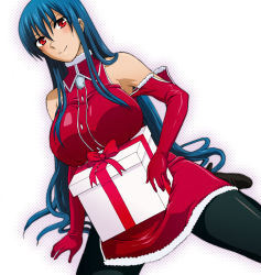 Rule 34 | 1girl, bare shoulders, black pantyhose, blue hair, boots, breast rest, breasts, christmas, diamond cut diamond, elbow gloves, gift, gloves, holding, holding gift, large breasts, long hair, official art, original, pantyhose, red eyes, red gloves, santa costume, shigyou yuuyami, smile, solo, taguchi kenji (omaep)