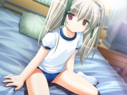 Rule 34 | 1girl, buruma, child, downhill night, downhill night 2, emily (pure dream), game cg, gym uniform, hair ribbon, indoors, long hair, looking at viewer, moero downhill night (series), moero downhill night 2, narukami kei, on bed, pillow, red eyes, ribbon, silver hair, sitting, socks, solo, television, twintails