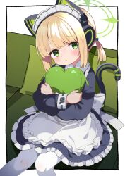 Rule 34 | 1girl, animal ear headphones, animal ears, apron, black dress, blonde hair, blue archive, blush, cat tail, dress, fake animal ears, feet out of frame, frilled apron, frilled dress, frills, green eyes, green halo, halo, headphones, highres, long sleeves, looking at viewer, maid, maid apron, maid headdress, midori (blue archive), midori (maid) (blue archive), pantyhose, parted lips, short hair, sitting, solo, tail, white pantyhose, yashiro ryo