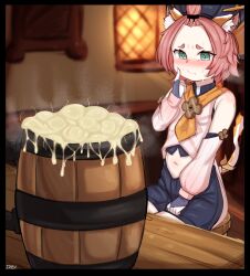 bad_tag bar barrel black_border black_hat black_headwear blonde_hair blue_eyes blush border cat_girl cum cum_in_a_cup cum_in_container cumdrip diona_(genshin_impact) dripping female forehead genshin_impact gloves hair_ornament hair_tie hat headgear light_body loli navel open_mouth pink_hair pink_shirt pubic_hair shirt short_hair sitting solo stool table tankard toku909 window