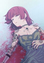 Rule 34 | 1girl, arm tattoo, bare shoulders, black nails, blunt bangs, bocchi the rock!, breasts, chest tattoo, collarbone, dress, earrings, green dress, hand tattoo, highres, hiroi kikuri, jewelry, long hair, looking at viewer, lowlifescore, lying, neck tattoo, on back, open mouth, purple eyes, purple hair, ringed eyes, shoulder tattoo, simple background, small breasts, solo, spaghetti strap, strap slip, tattoo