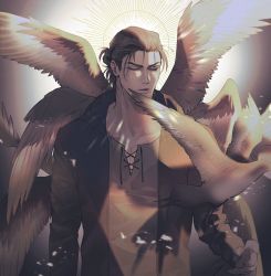 Rule 34 | 1boy, aged up, angel wings, bird, brown hair, brown theme, chengzhineixihuanxiaogou, closed eyes, eren yeager, feathered wings, feet out of frame, highres, male focus, multiple wings, open clothes, open shirt, shingeki no kyojin, solo, wings